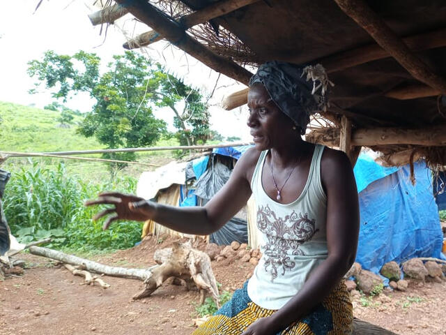 An older woman gestures during an interview about the conflict